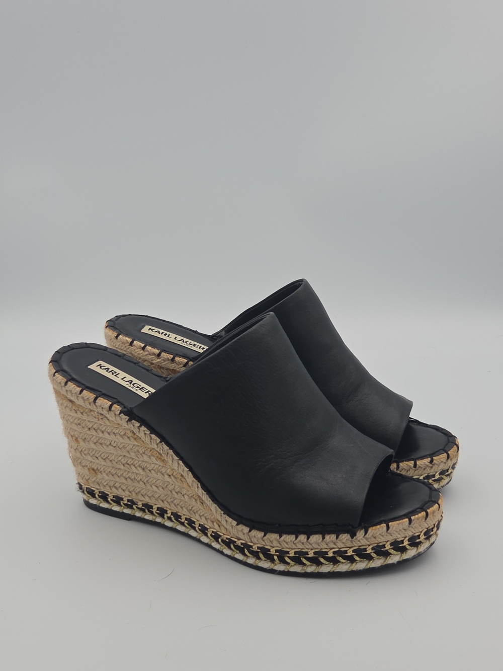 Karl Lagerfeld Black Leather Espadrille Wedge Mules Size 9